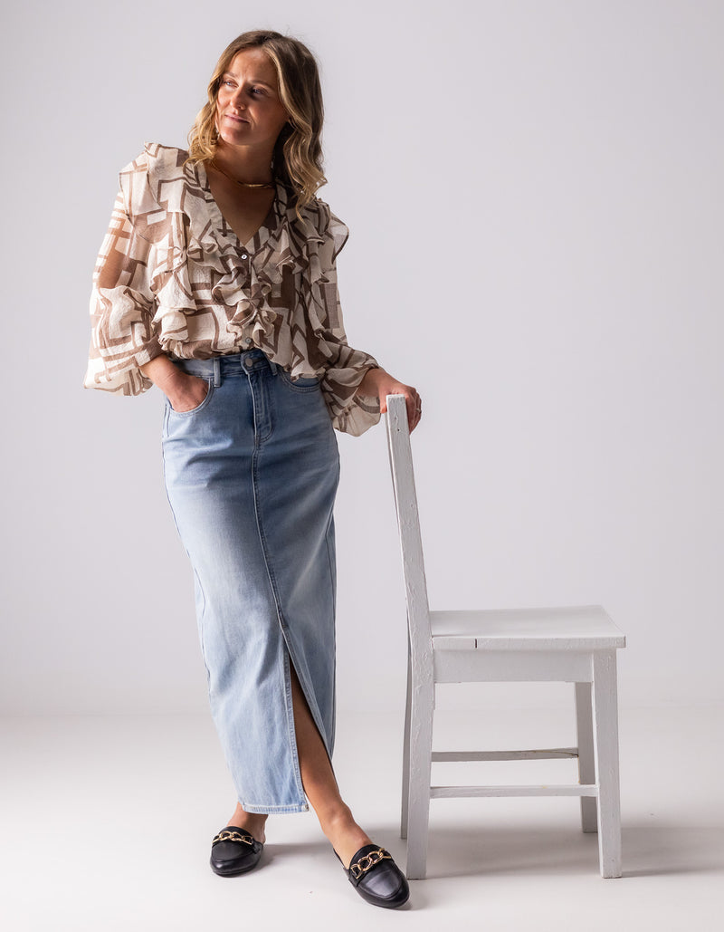 Maxine Denim Maxi Skirt with Front Split in Blue Wash