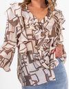 Halcyon V Neck Ruffle Front Top in Beige/Choc Print