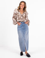 Maxine Denim Maxi Skirt with Front Split in Blue Wash