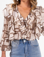 Halcyon V Neck Ruffle Front Top in Beige/Choc Print