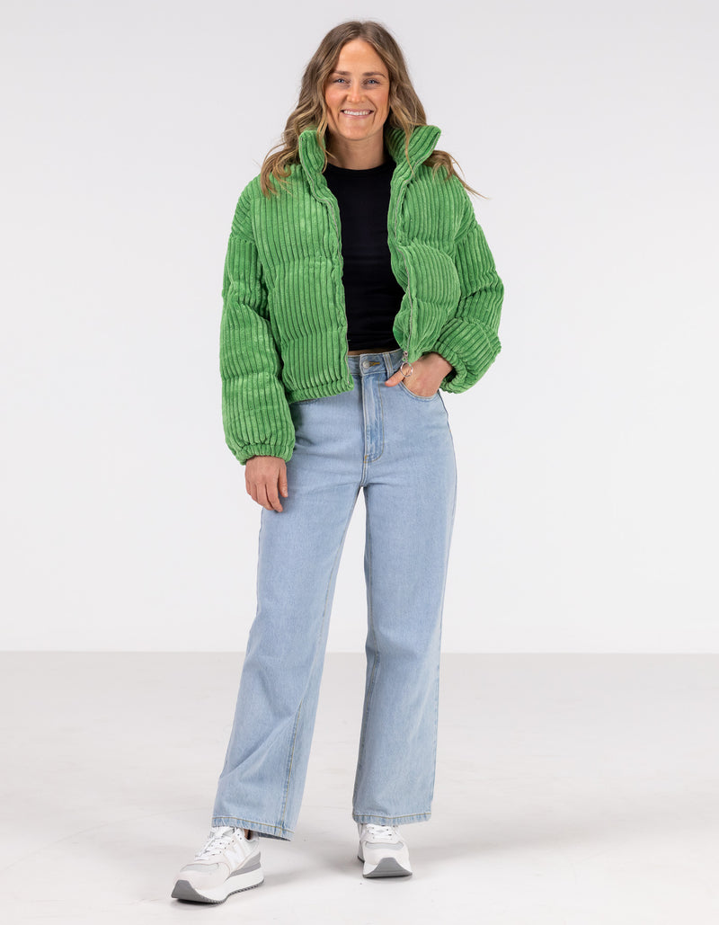 Lottie Zip Up Puffer Jacket in Leaf Green Cord