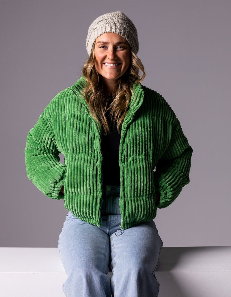 Lottie Zip Up Puffer Jacket in Leaf Green Cord