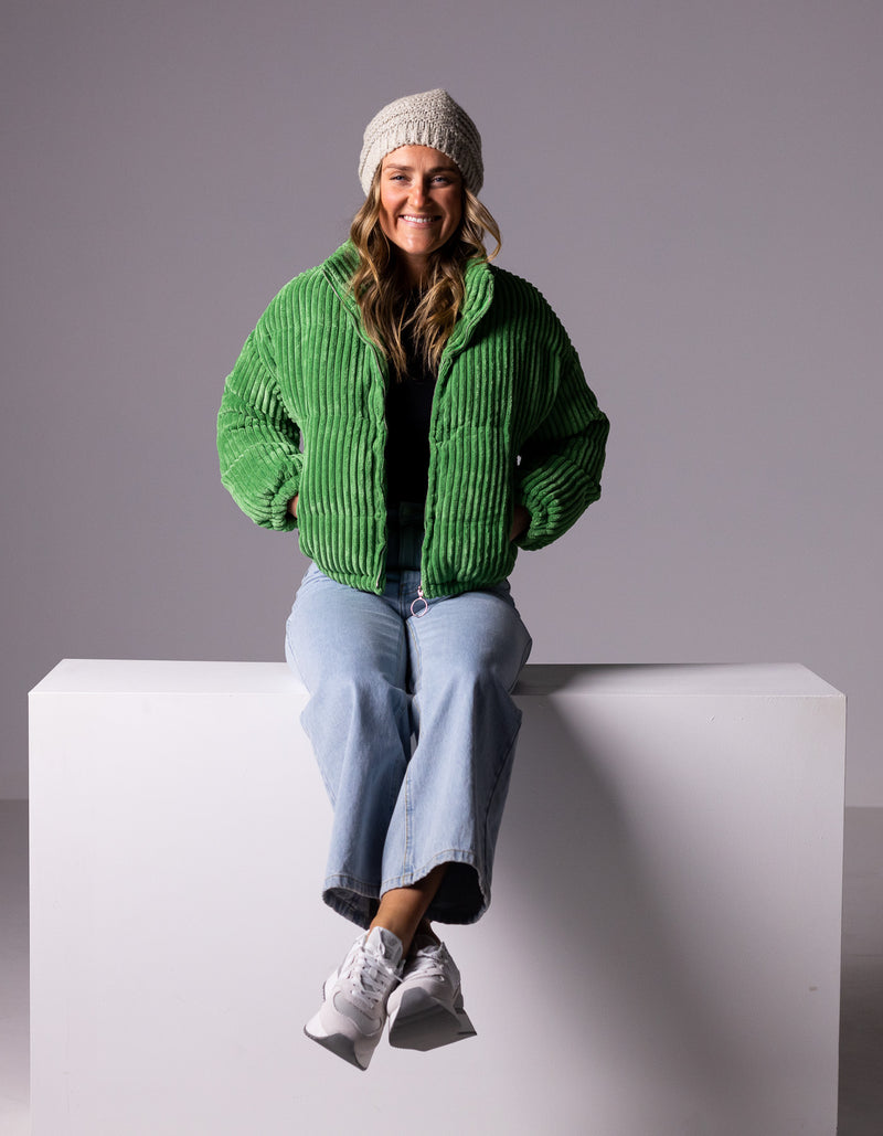 Lottie Zip Up Puffer Jacket in Leaf Green Cord