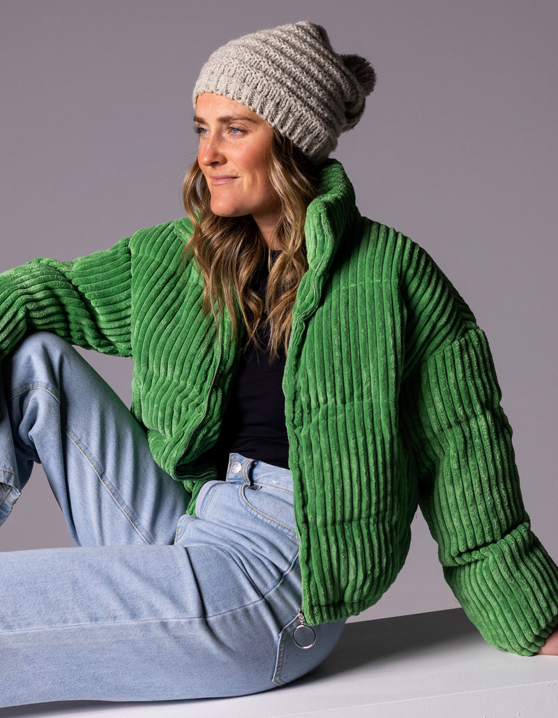 Lottie Zip Up Puffer Jacket in Leaf Green Cord
