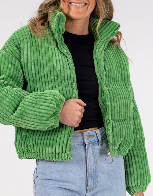 Lottie Zip Up Puffer Jacket in Leaf Green Cord