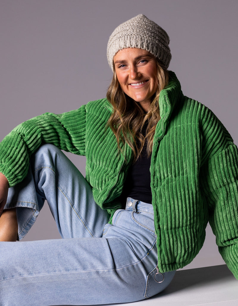 Lottie Zip Up Puffer Jacket in Leaf Green Cord