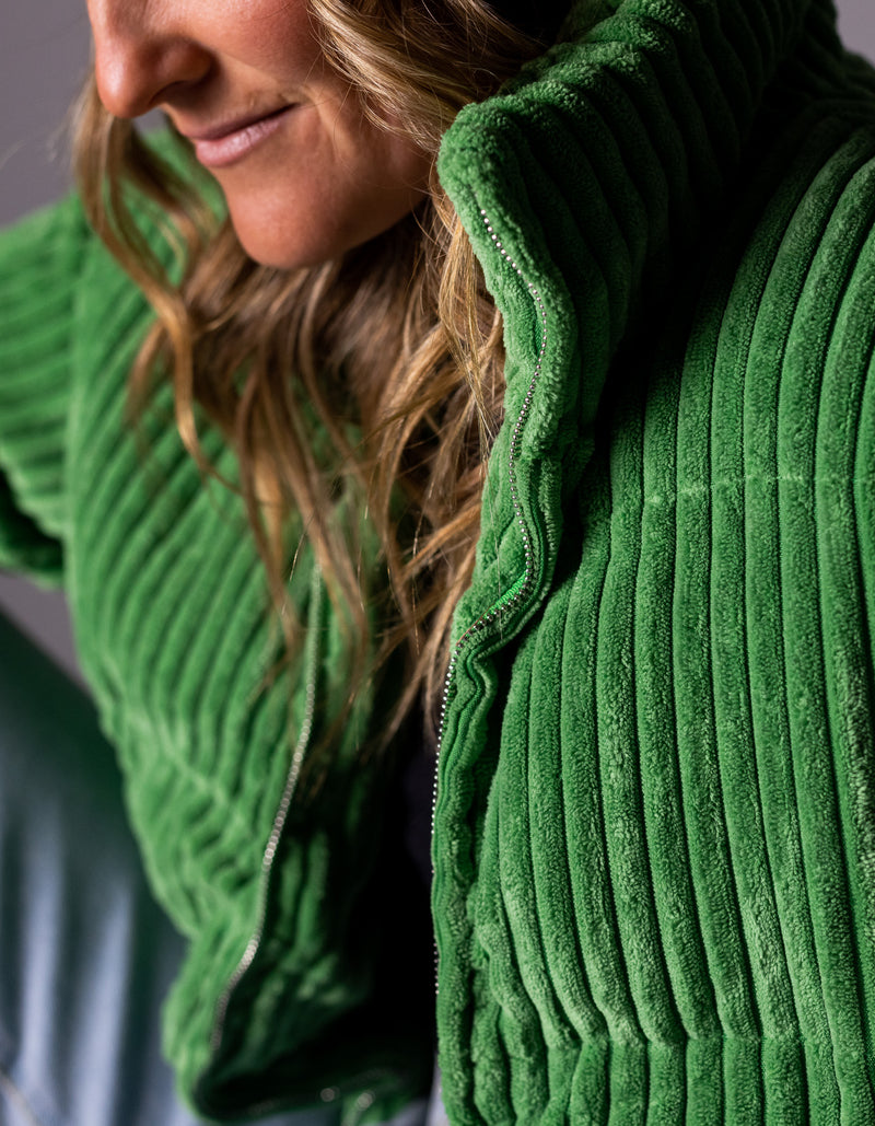 Lottie Zip Up Puffer Jacket in Leaf Green Cord
