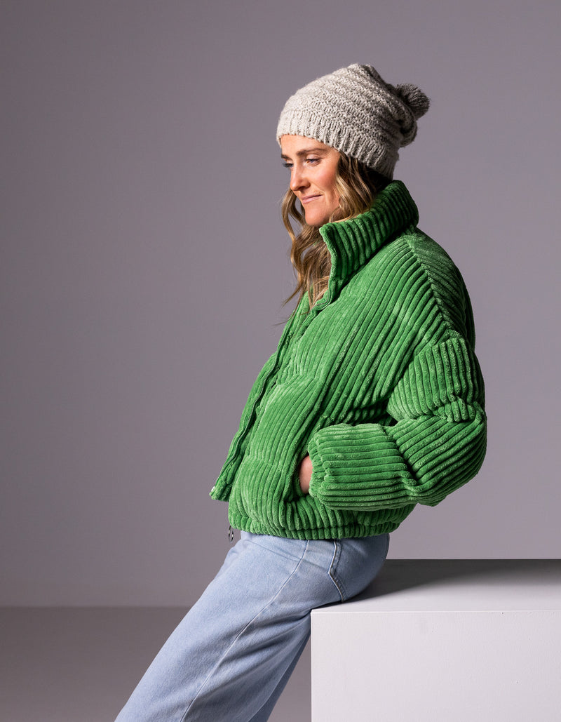 Lottie Zip Up Puffer Jacket in Leaf Green Cord