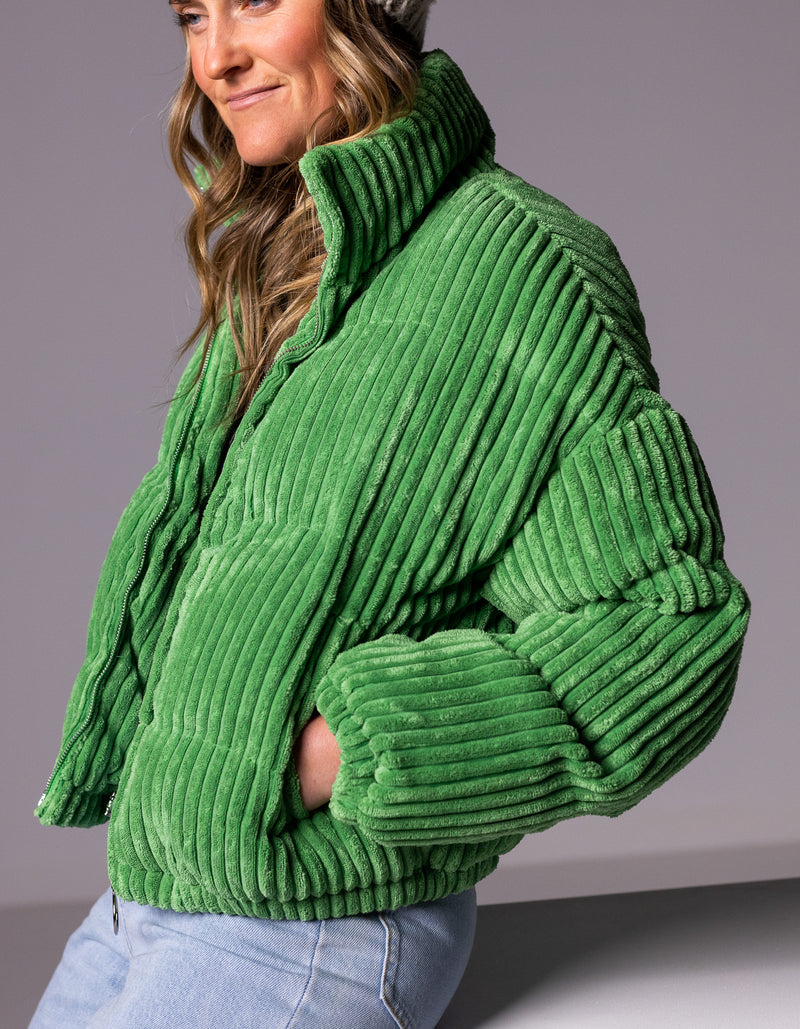 Lottie Zip Up Puffer Jacket in Leaf Green Cord