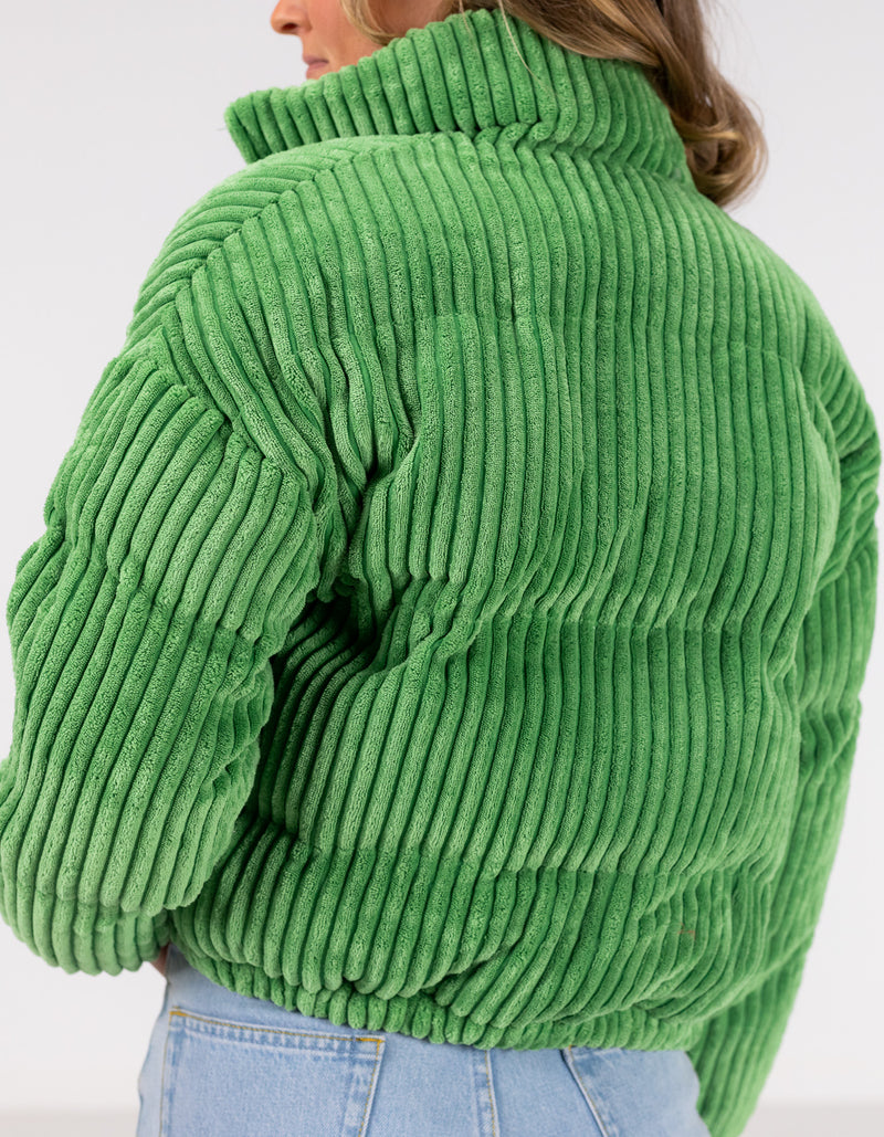 Lottie Zip Up Puffer Jacket in Leaf Green Cord
