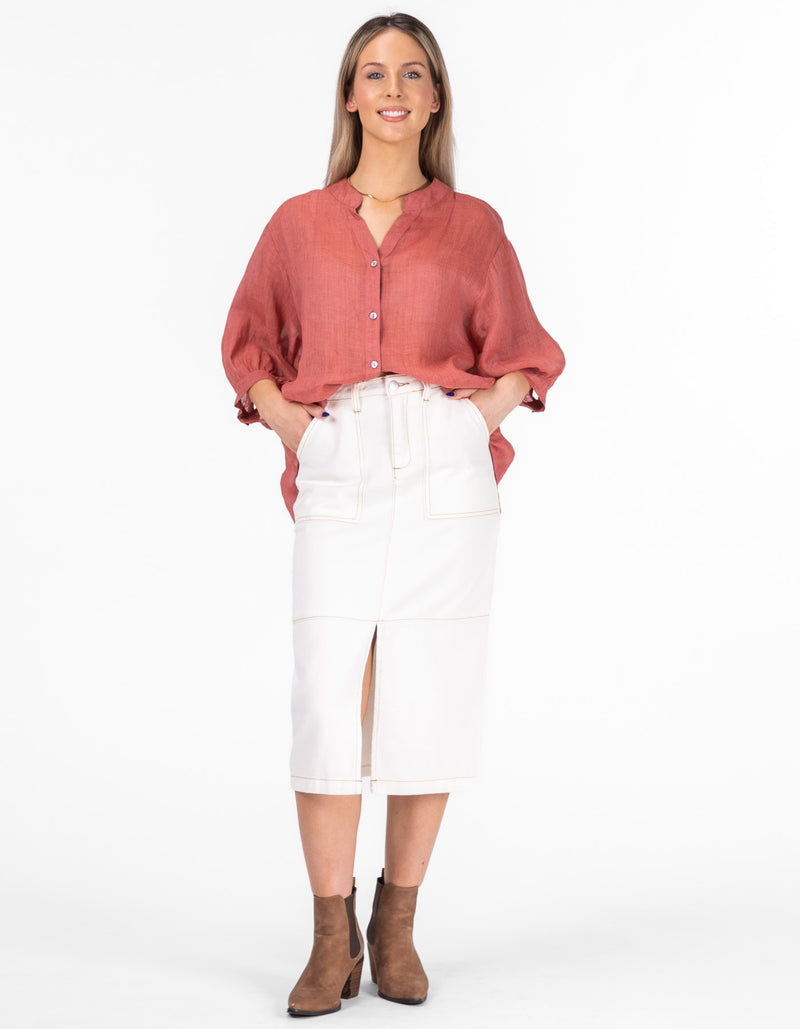 Norwood Slit Front Midi Skirt in White Denim