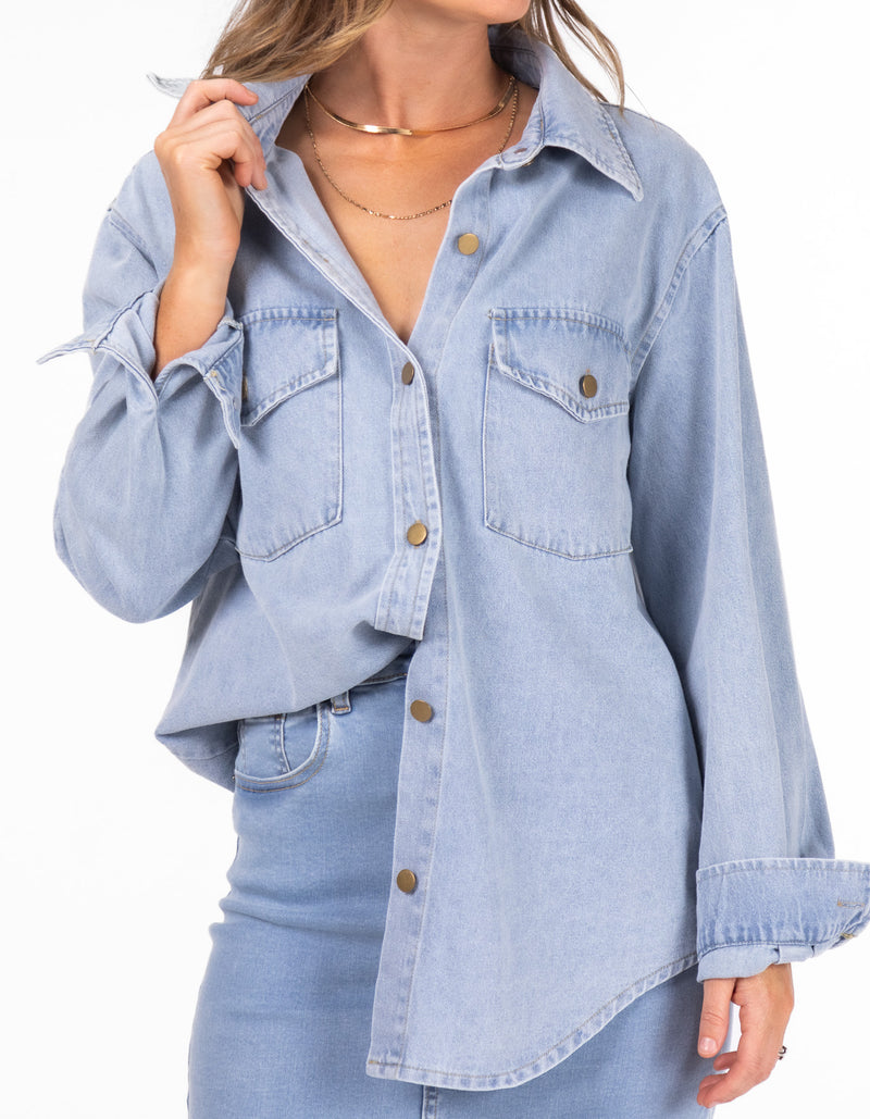 Pine Button Down Denim Shirt in Light Blue