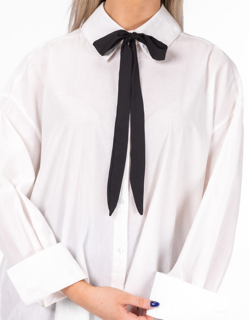 Perth Oversize Long Sleeve Black Tie Shirt in White