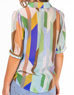Cardiff Button Down Short Sleeve Top in Green/Blue Print