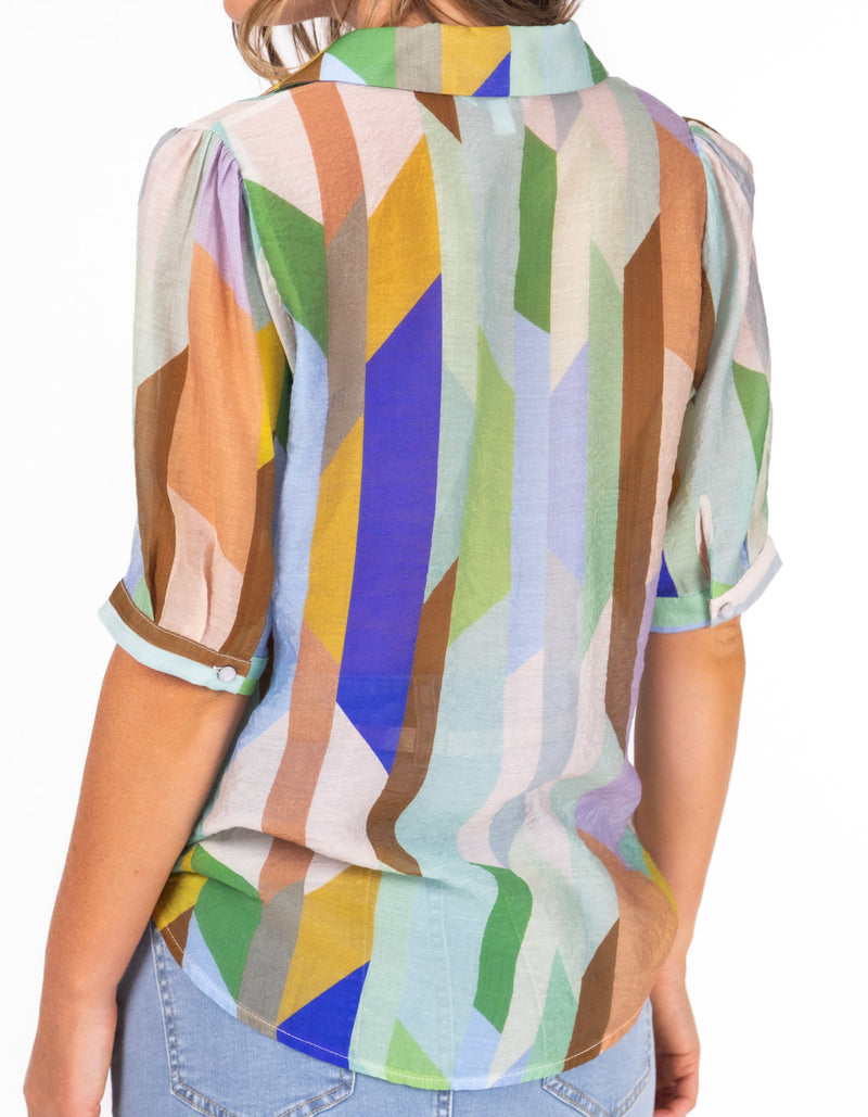 Cardiff Button Down Short Sleeve Top in Green/Blue Print