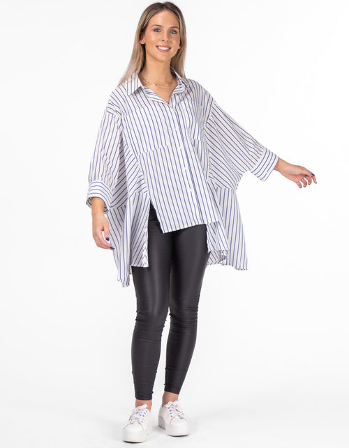 Koto Oversize Half Sleeve Stripe Shirt in Blue/White