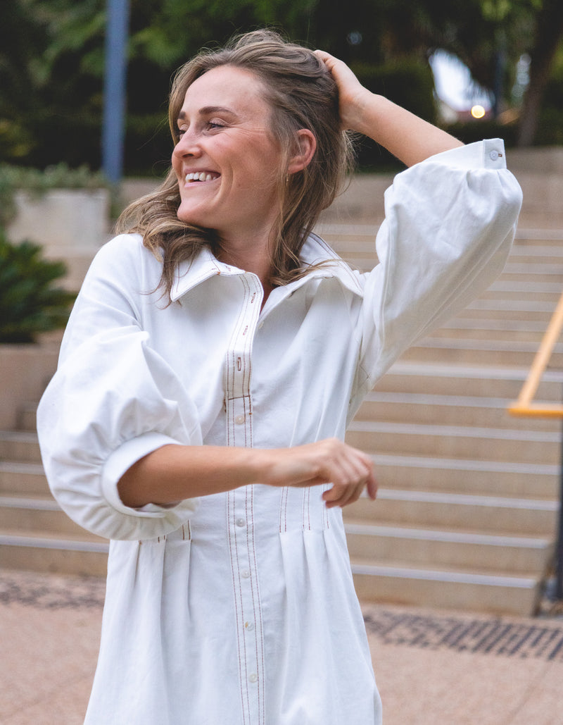 Maple Half Sleeve Button Down Midaxi Dress in White Denim