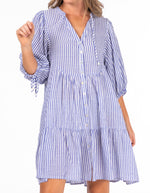 Eliza Button Front V Neck Dress in Blue/White Stripe