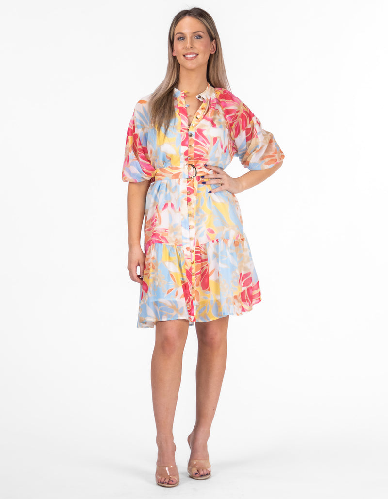 Cody Button Front Short Print Dress in Pink/Yellow