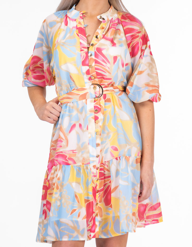 Cody Button Front Short Print Dress in Pink/Yellow