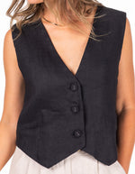 Seattle Sleeveless Button Down Vest Top in Black Linen