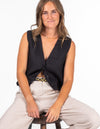 Seattle Sleeveless Button Down Vest Top in Black Linen