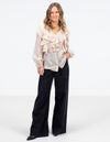 Kitty V Neck Ruffle Front Top in Beige