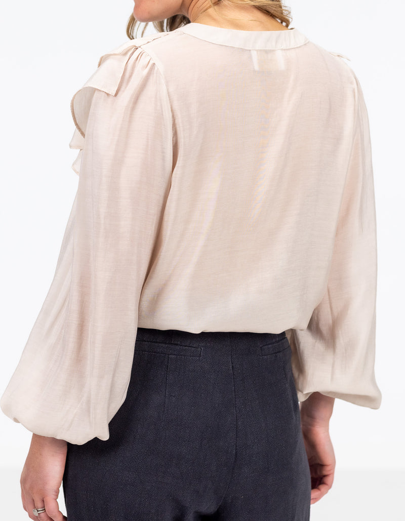 Kitty V Neck Ruffle Front Top in Beige