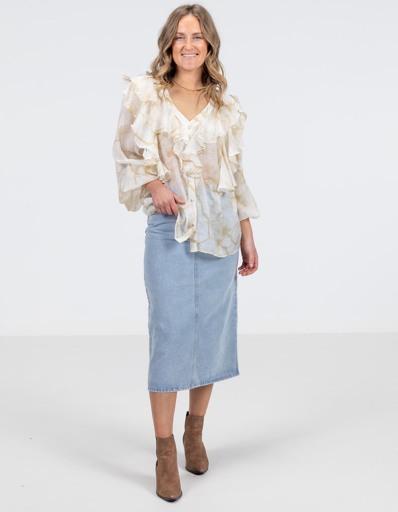 Melody V Neck Ruffle Front Top in Beige Print