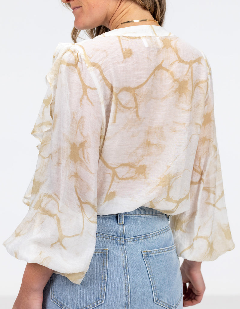 Melody V Neck Ruffle Front Top in Beige Print