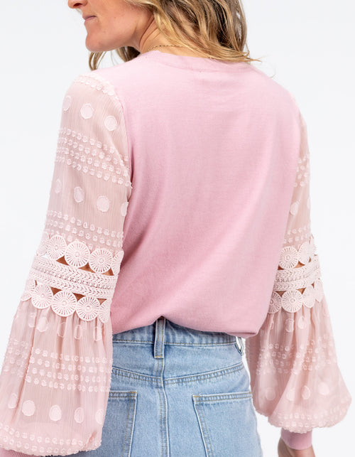 Teagan Long Sleeve Lace Sleeve Top in Pink