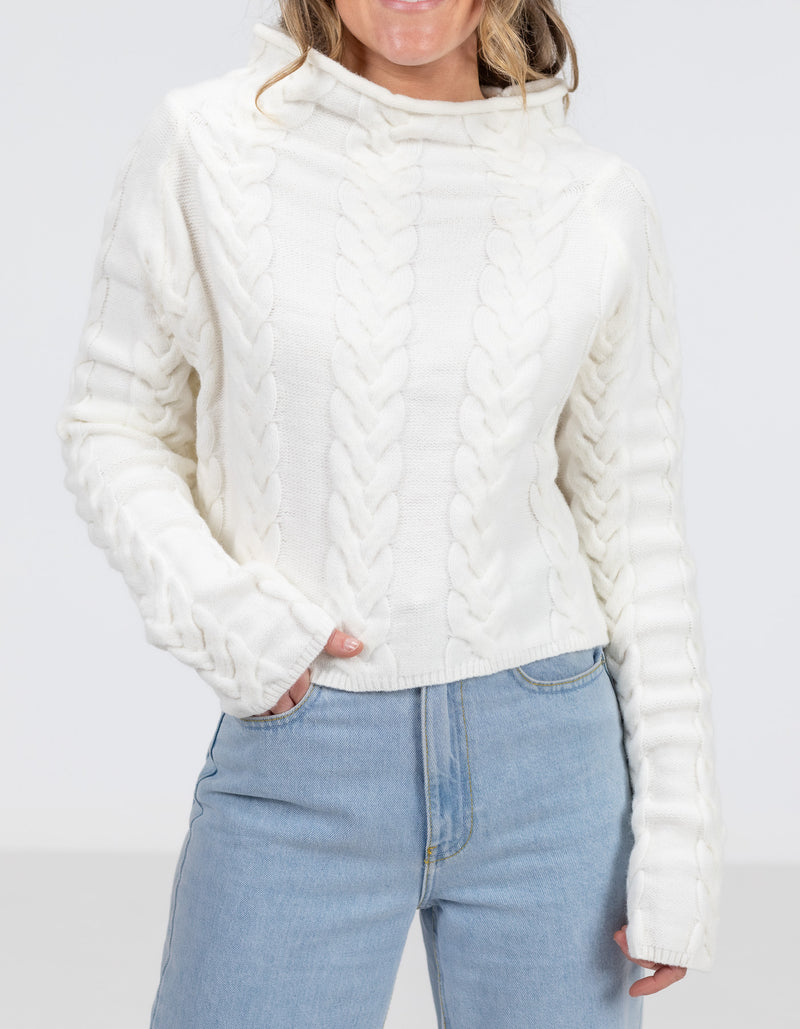 Nico High Neck Cable Knit Jumper in White