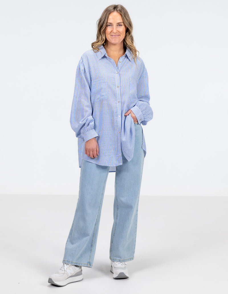 Diana Oversized Button Front Shirt in Blue Stripe