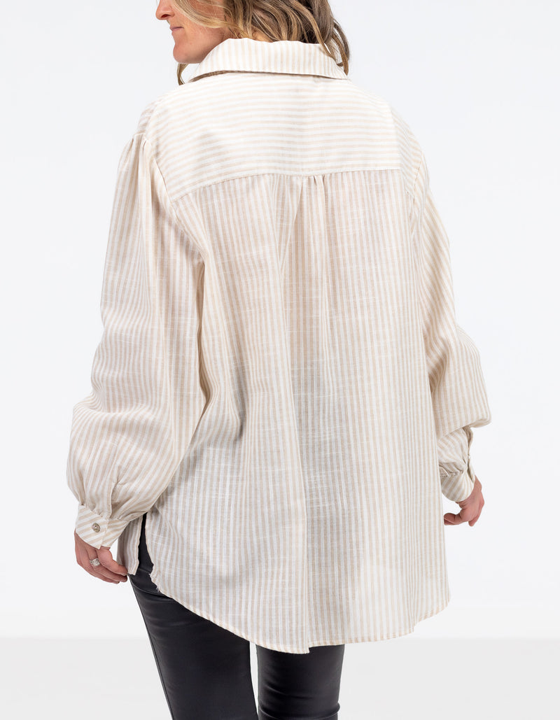Diana Oversized Button Front Shirt in Beige Stripe