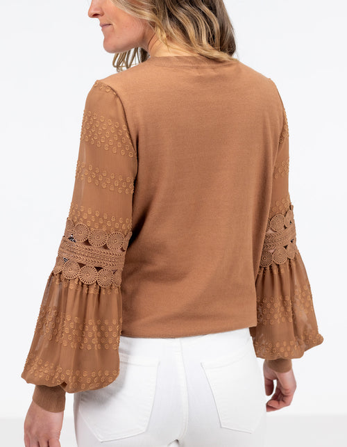 Teagan Long Sleeve Lace Sleeve Top in Tan
