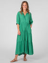 Remmi V Neck Tiered Midi Dress in Green