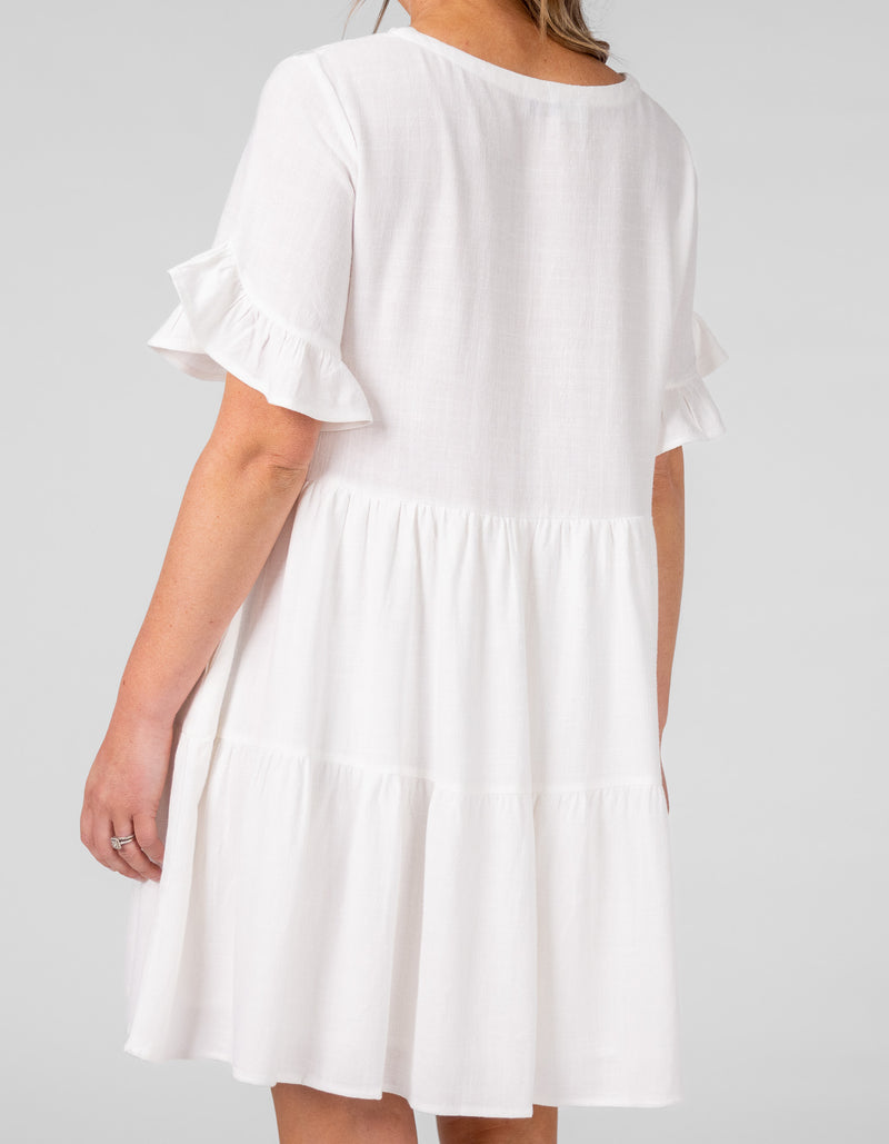 Aspen V Neck Short Sleeve Tiered Dress in White