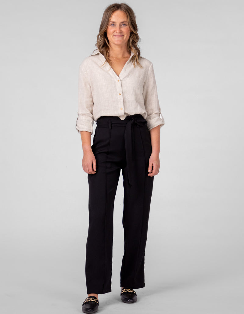 Tokyo V Neck Button Down Shirt in Beige Linen