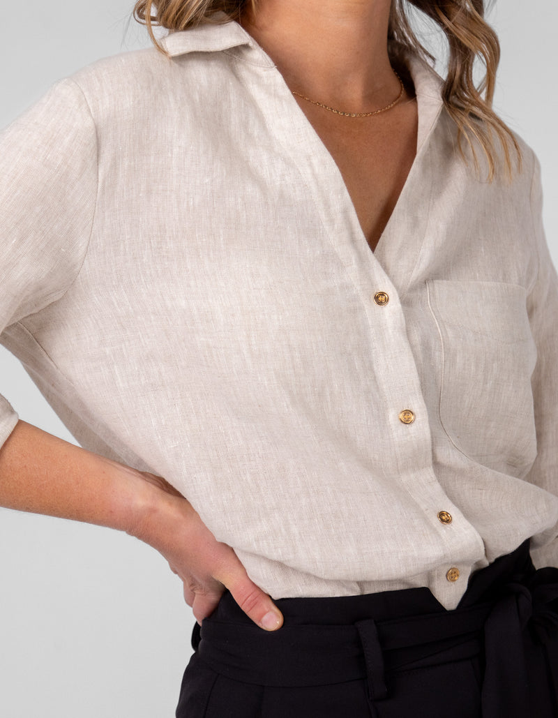Tokyo V Neck Button Down Shirt in Beige Linen