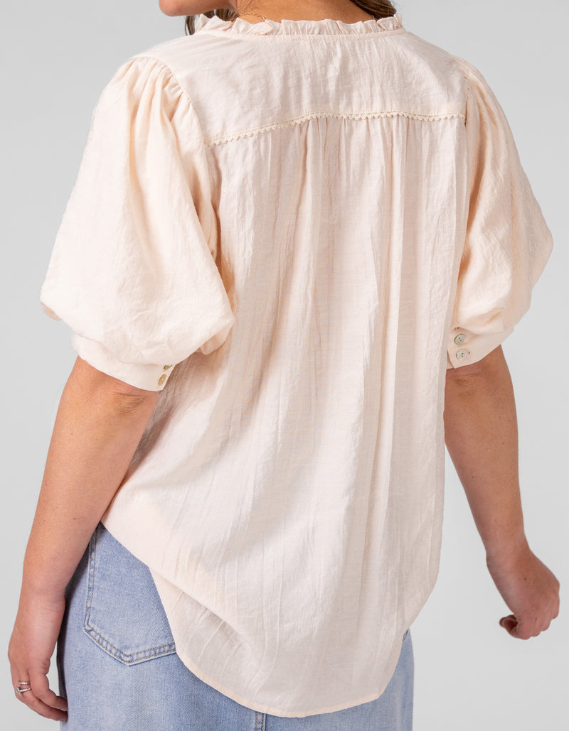 Paris Bulb Sleeve Button Down Top in Blush