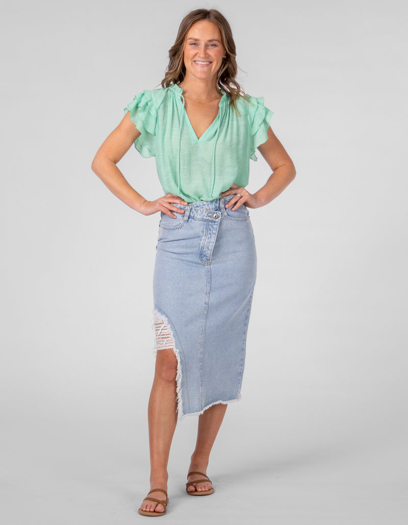 Chloe V Neck Ruffle Sleeve Top in Green