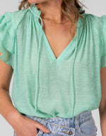 Chloe V Neck Ruffle Sleeve Top in Green