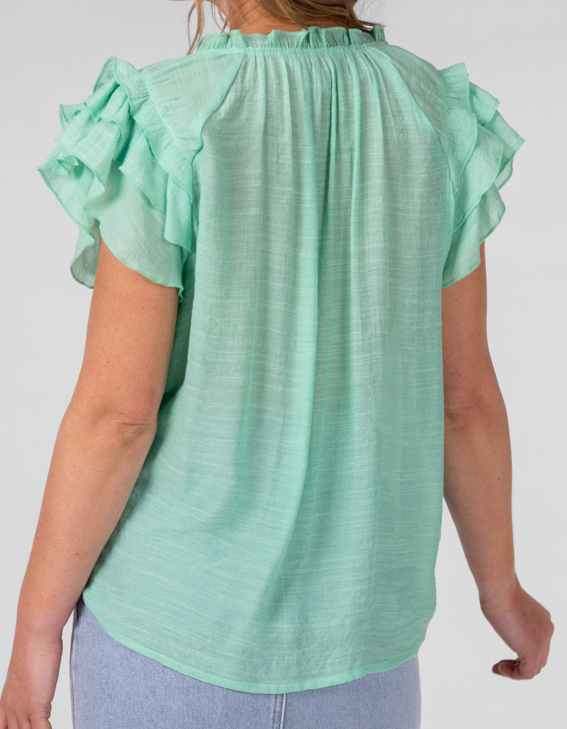 Chloe V Neck Ruffle Sleeve Top in Green