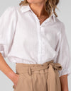 Rio Gathered Sleeve Button Down Top in White Linen
