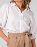 Rio Gathered Sleeve Button Down Top in White Linen