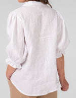 Rio Gathered Sleeve Button Down Top in White Linen