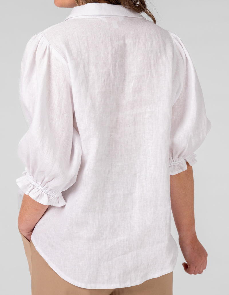 Rio Gathered Sleeve Button Down Top in White Linen
