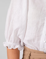 Rio Gathered Sleeve Button Down Top in White Linen