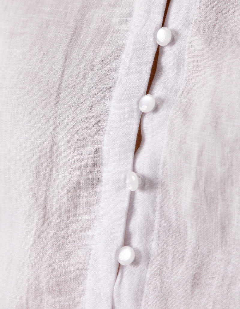 Rio Gathered Sleeve Button Down Top in White Linen