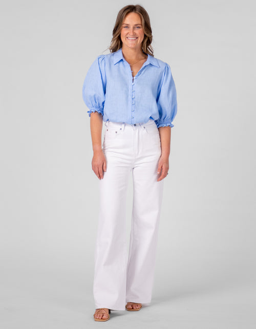 Rio Gathered Sleeve Button Down Top in Blue Linen